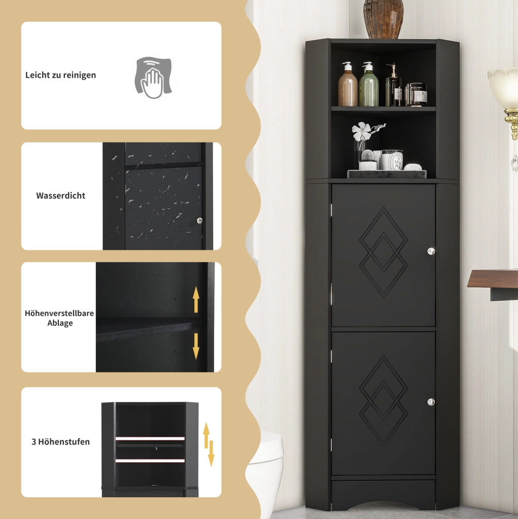 Mobile da bagno angolare con due ripiani e vano aperto regolabile, 36,5x36,5x155 cm, nero