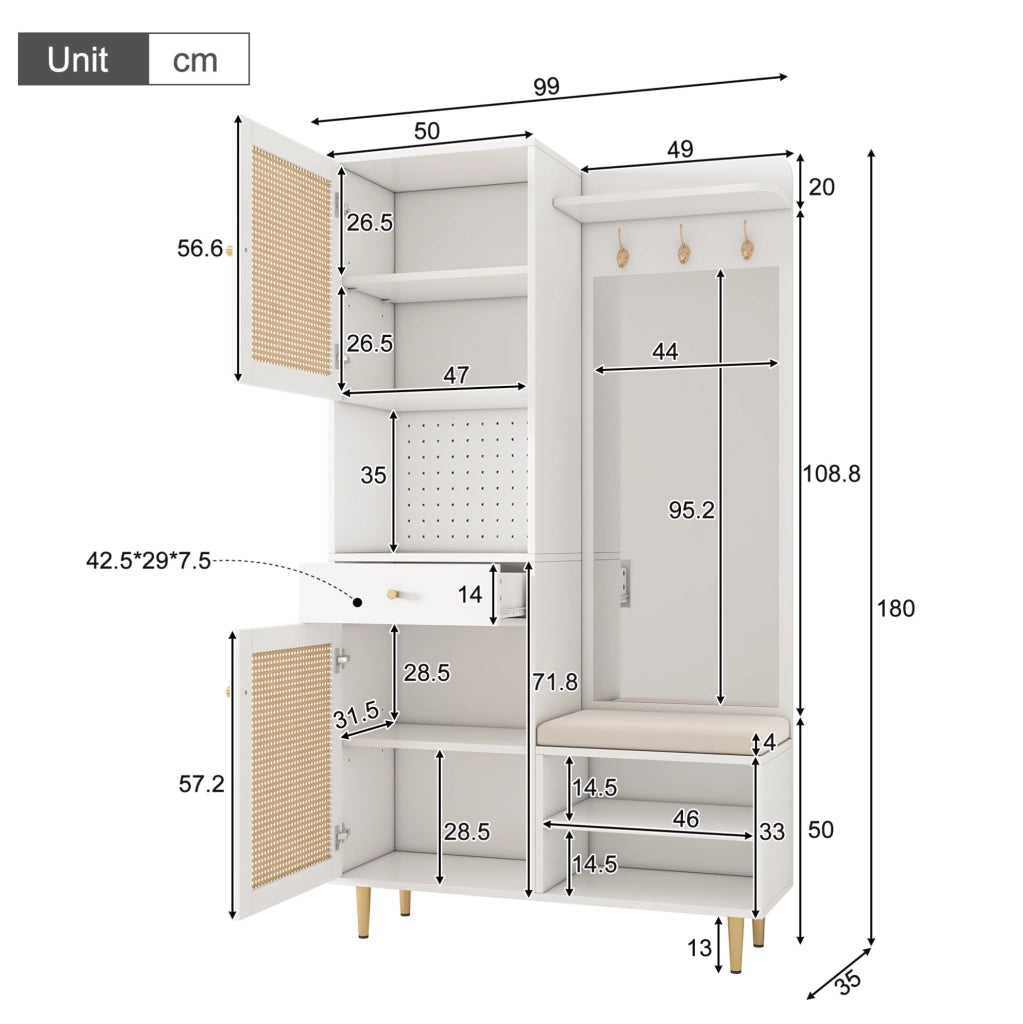Mobile ingresso con panca, specchio e scarpiera, 99x35x180 cm