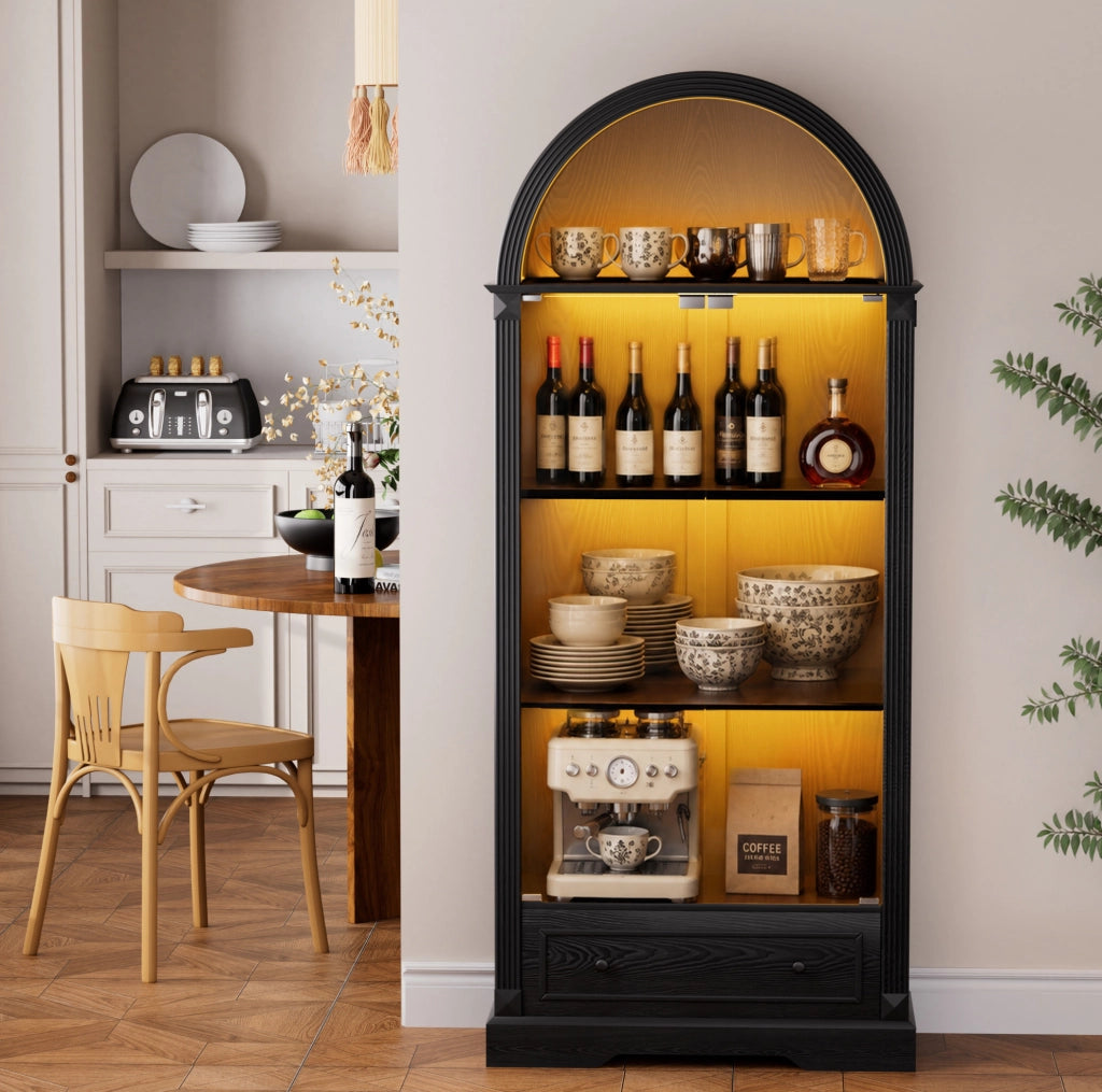 Vetrina ad Arco con Ante in Vetro Temperato e LED a Sensore di Movimento in Legno e Vetro 180 cm Nera per Soggiorno