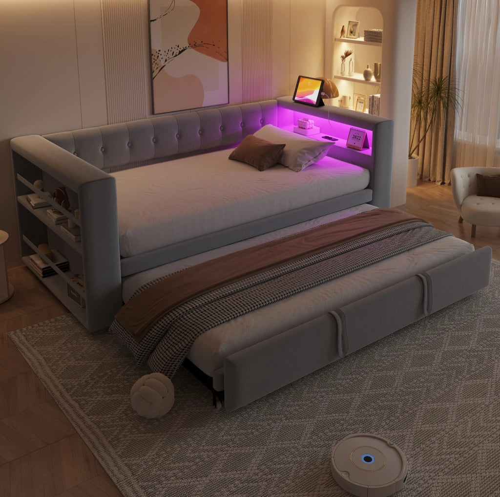 Divano letto multifunzionale 90/180x190 cm con LED, prese e vano contenitore, grigio chiaro
