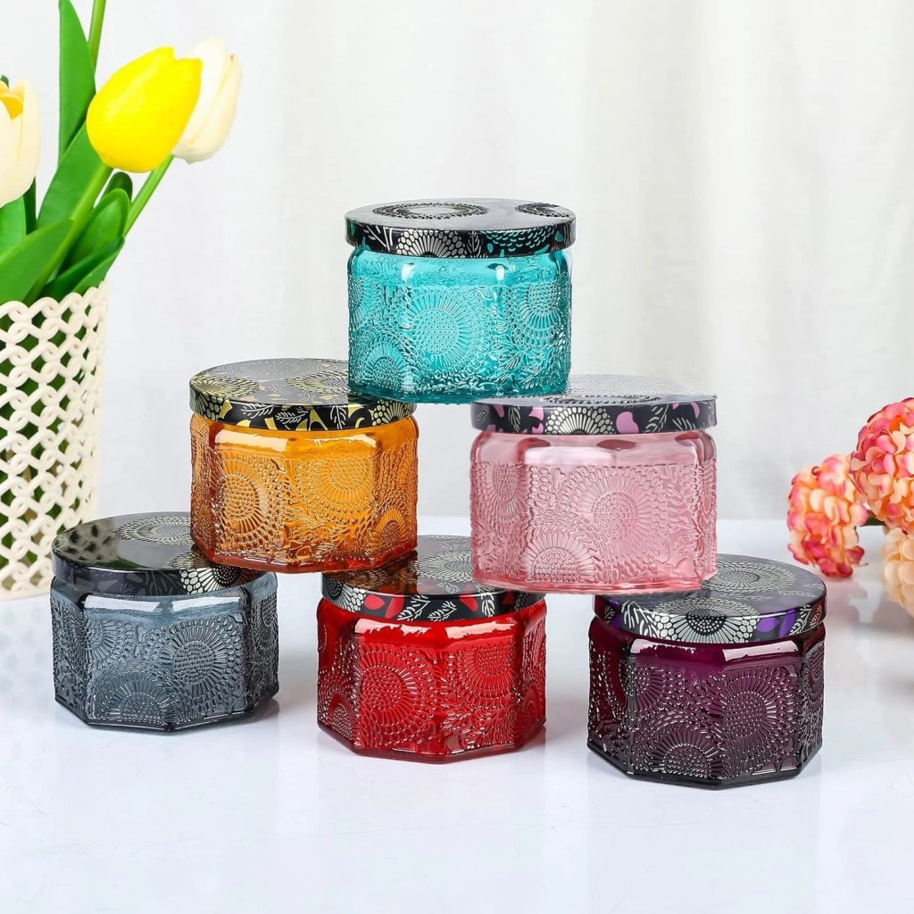 6 portacandele in vetro colorati, riutilizzabili, con coperchio