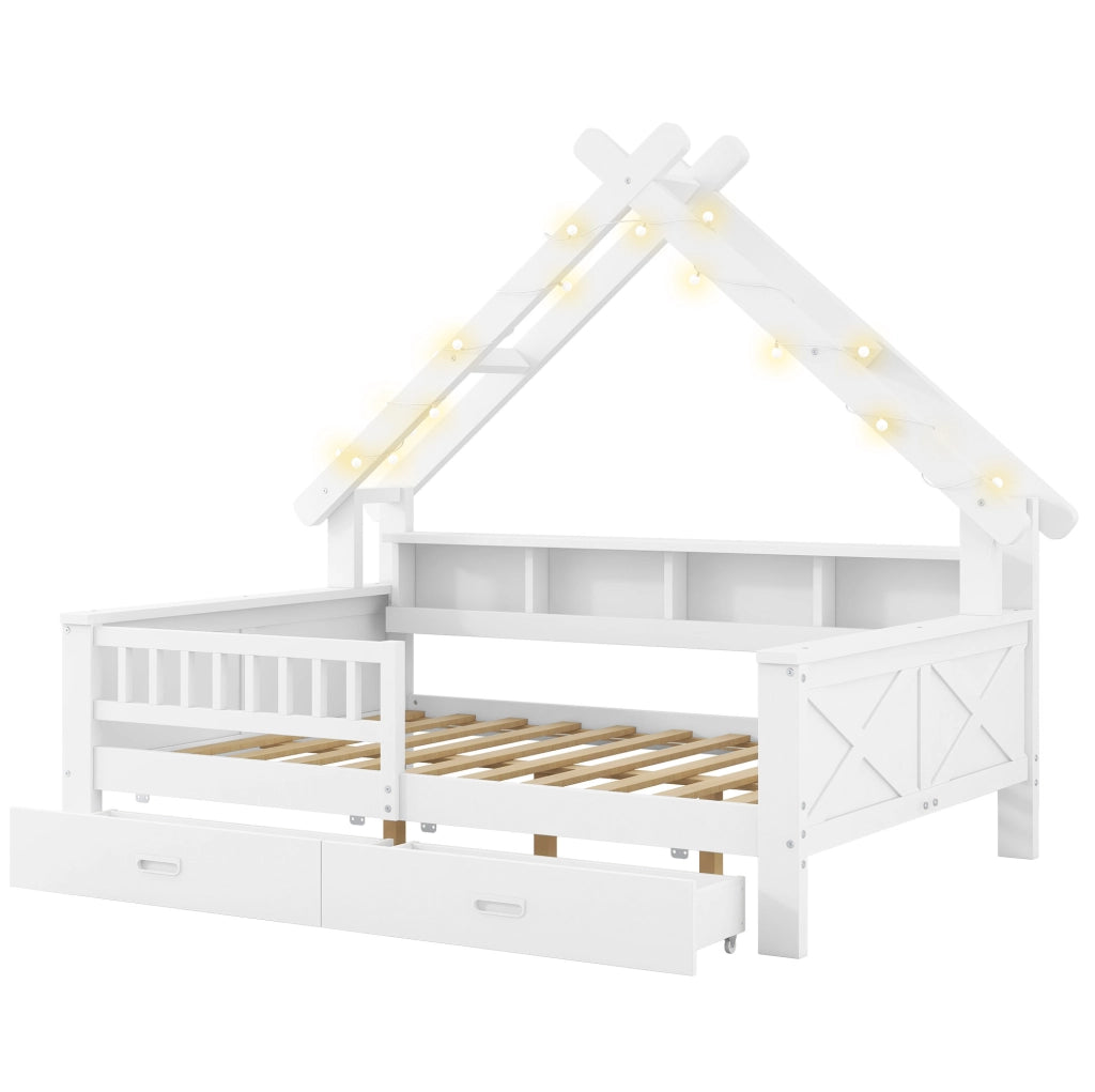 LETTO a casetta 140x200 cm bianco con LED, ripiani, 2 cassetti e sponda