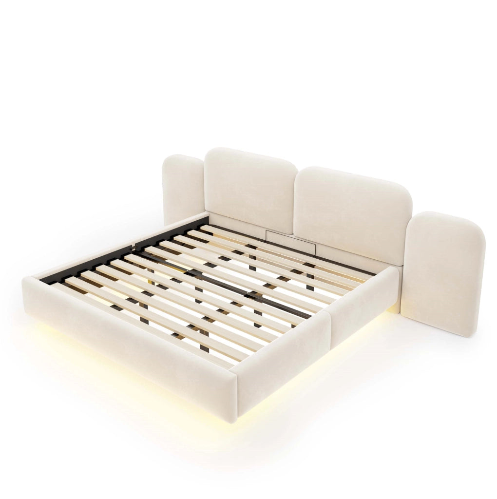 Letto contenitore imbottito 180 x 200 cm beige con LED e prese USB