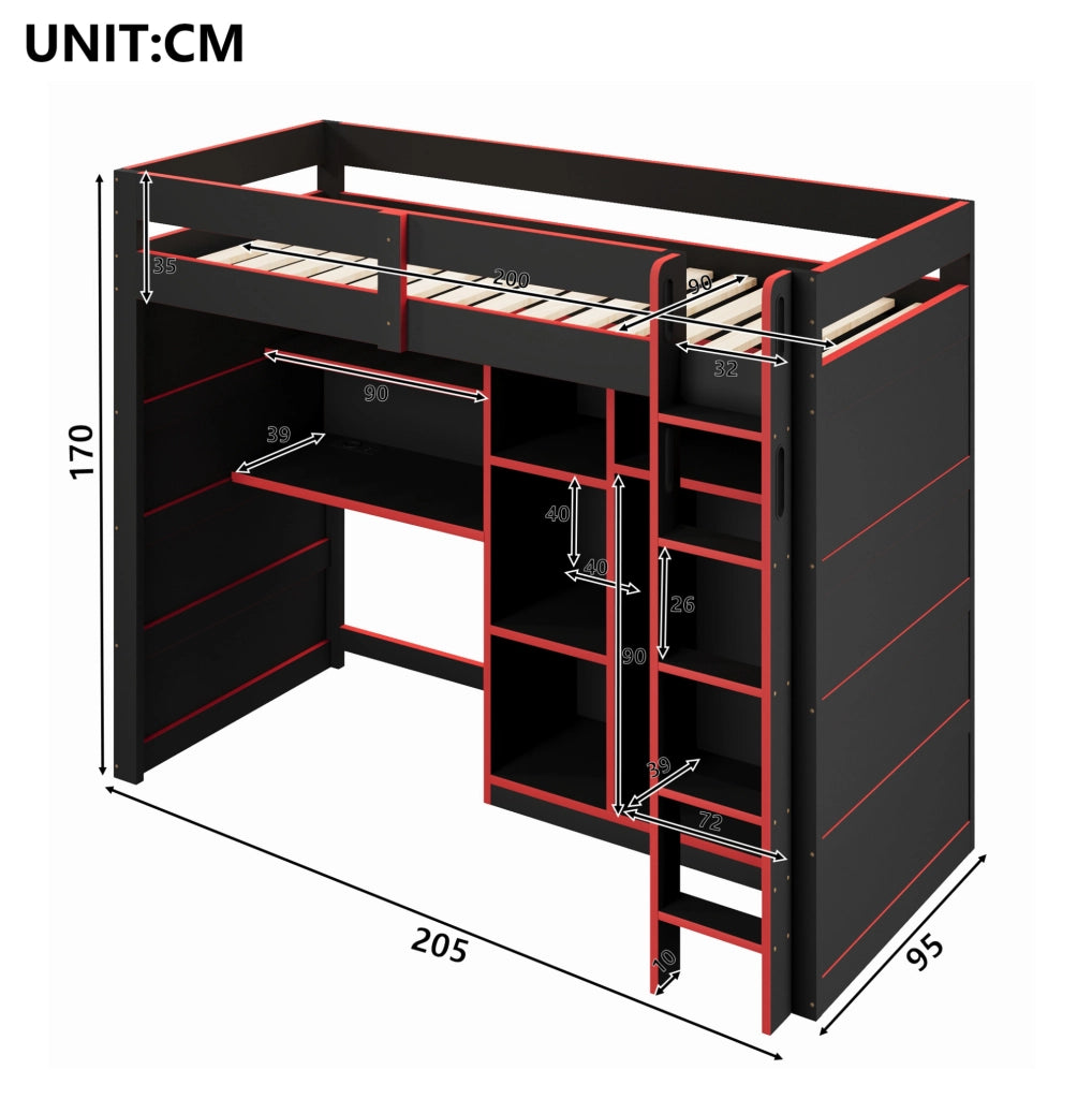 Letto a soppalco gaming 90x200 cm con scrivania e armadio, nero e rosso