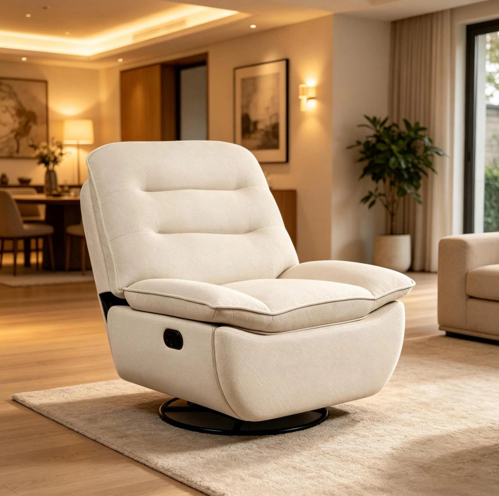 Poltrona relax girevole beige con dondolo, poggiapiedi e vano laterale