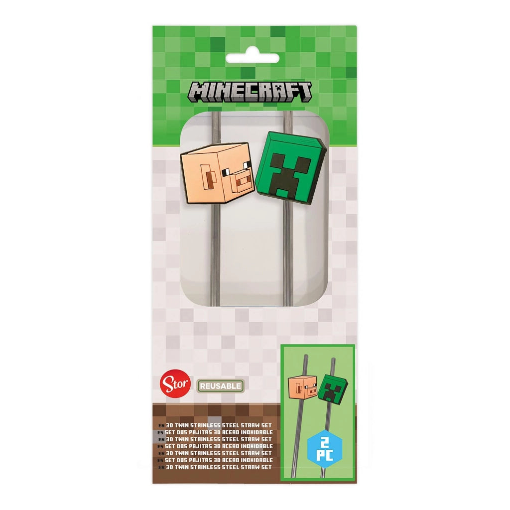 2 cannucce con decorazioni in silicone, in acciaio inossidabile, lunghezza 21 cm (tema Minecraft)