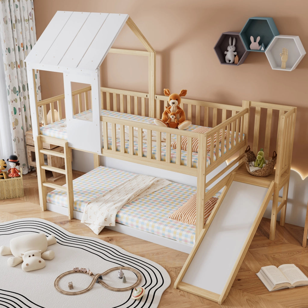 Letto a castello per bambini 90x200 cm con scivolo, scala e tetto in pino naturale e bianco per cameretta, senza materasso
