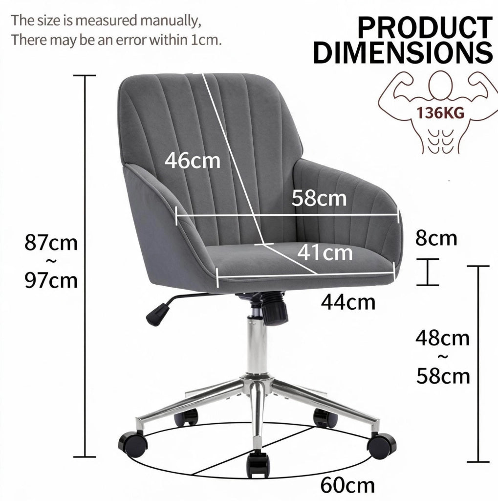 Sedia da ufficio ergonomica regolabile 60x60x97 cm in velluto grigio, per smart working