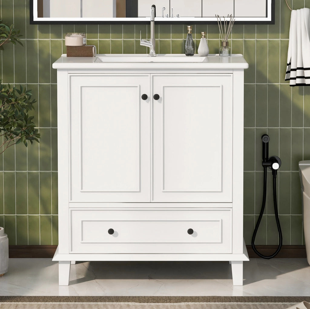 Mobile sottolavabo 76x46x87 cm bianco, MDF e ceramica, con piedini, 2 ante