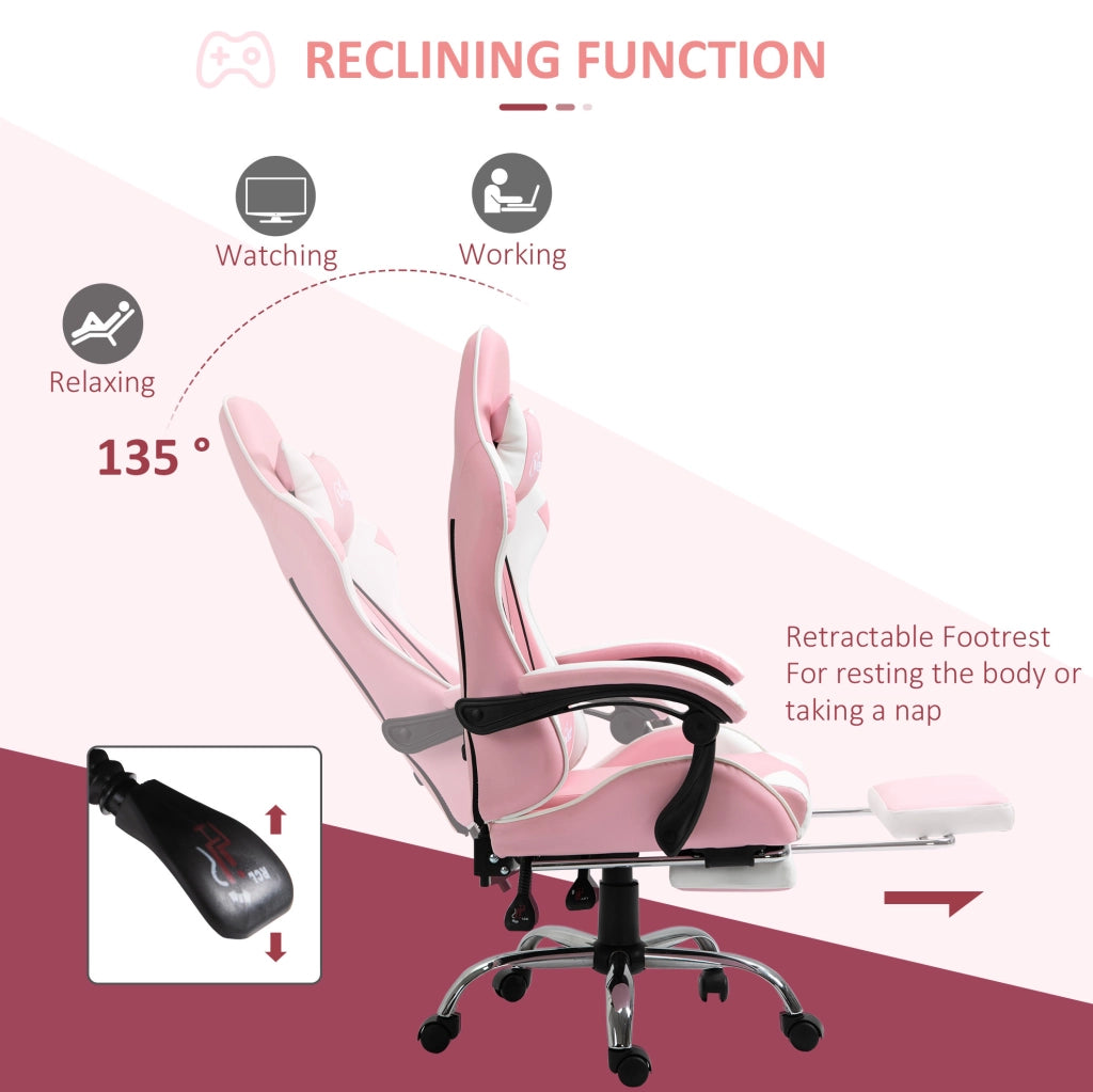 Sedia da ufficio gaming ergonomica rosa e bianca con poggiapiedi