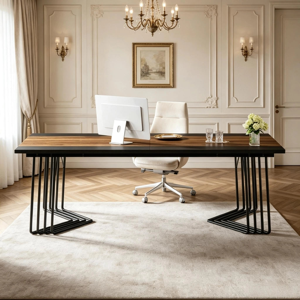 Scrivania per due persone 200 × 100 × 75 cm in MDF e metallo nero e marrone rustico per riunioni e lavoro condiviso