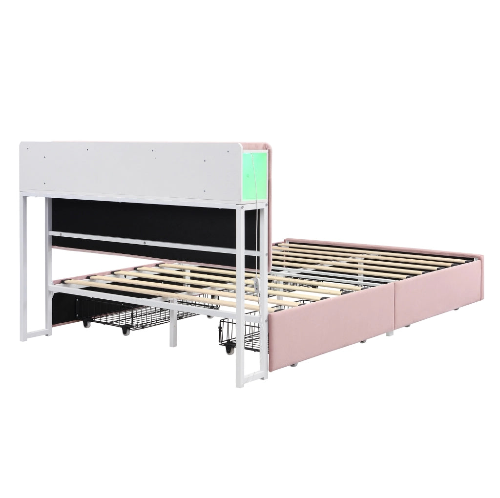 Letto imbottito per bambini 140 x 200 cm rosa con 4 cassetti e LED
