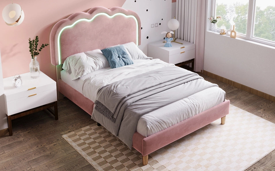Letto singolo imbottito WUVRIE 90x190 cm con testiera LED regolabile in velluto rosa