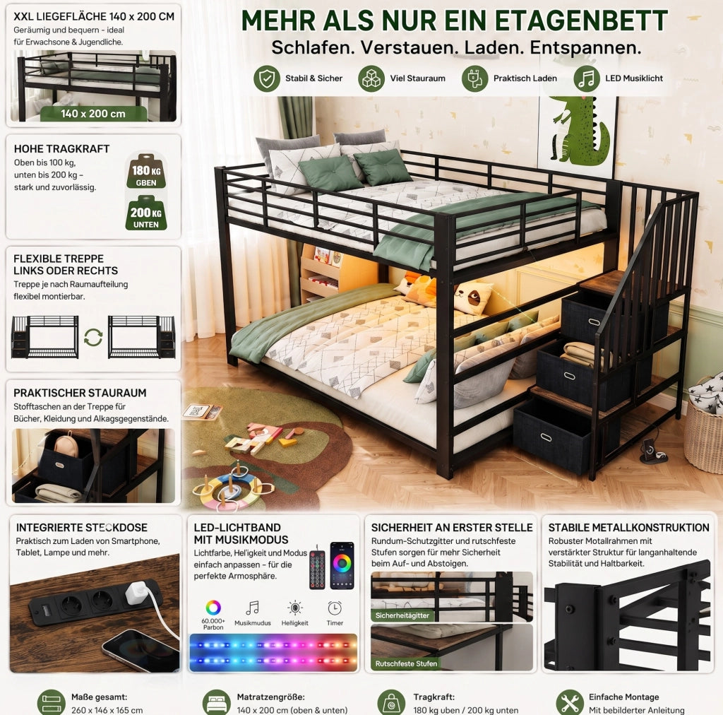Letto a castello 90 x 200 cm in metallo e MDF con scala e LED, nero