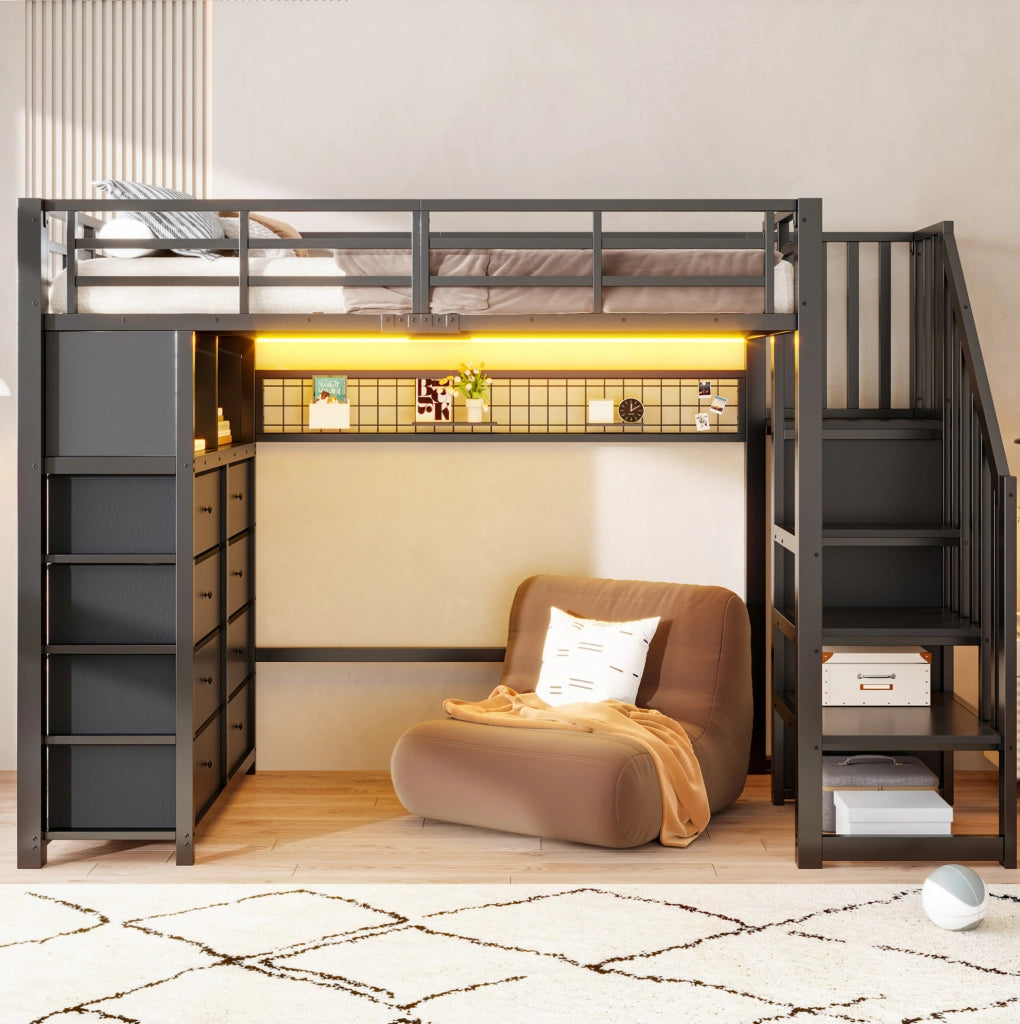 Letto a soppalco 90 x 200 cm nero con 8 cassetti, scala contenitore e illuminazione