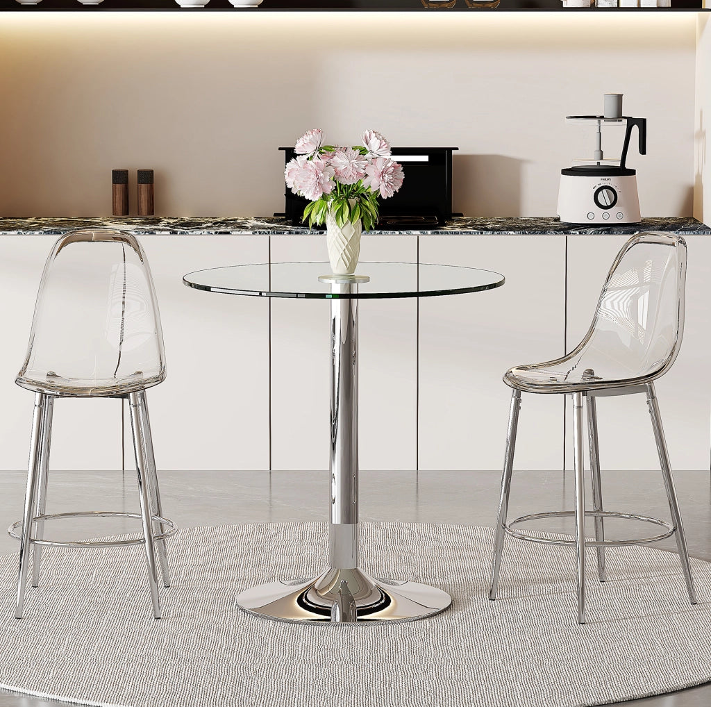 TAVOLO bar con sgabelli, piano in vetro Ø 89 cm, argento e trasparente