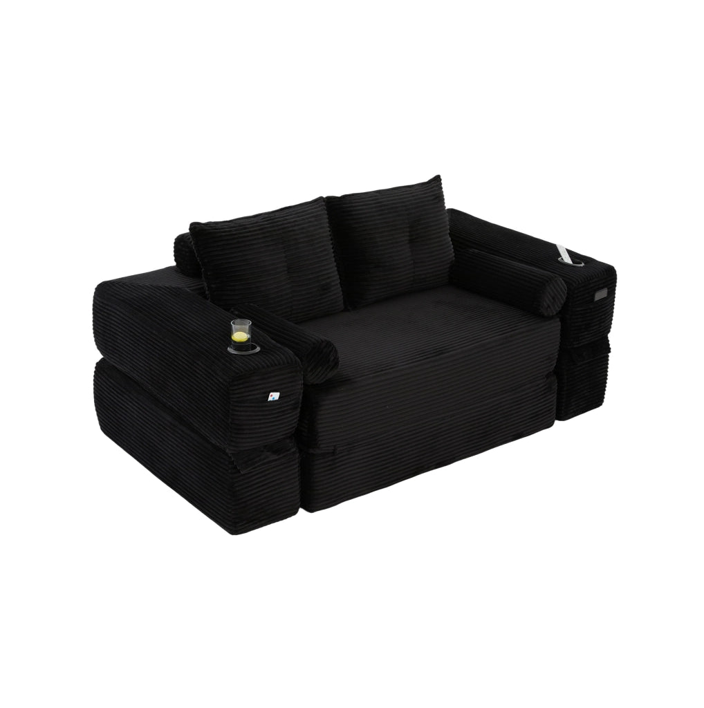 Divano Letto; trasformabile in letto; modulare; in velluto a coste nero; 180x98x80 cm con tasche laterali e portabicchieri