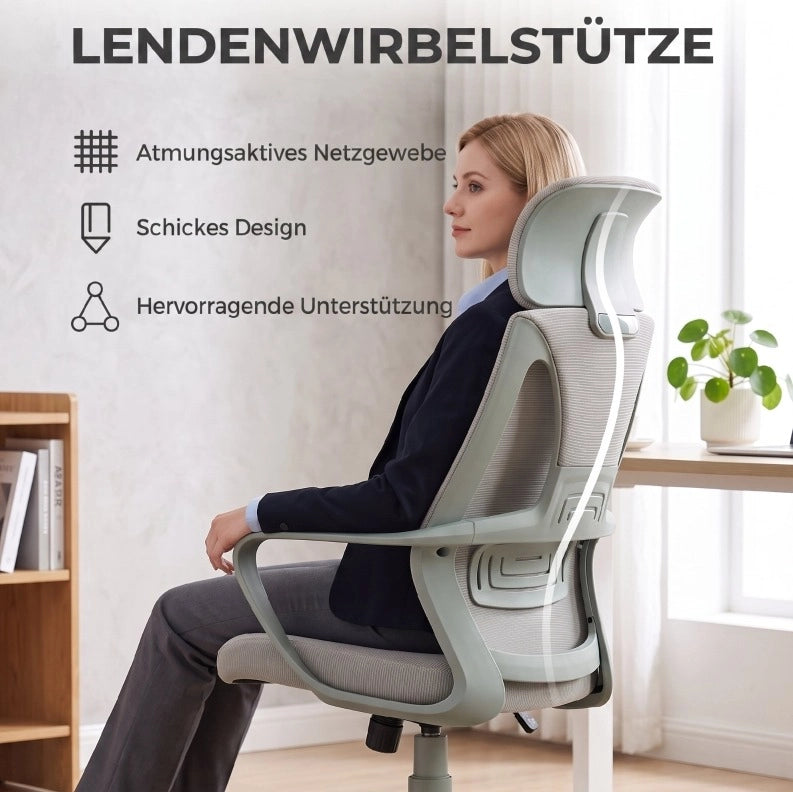 Sedia da ufficio grigia con schienale in rete e funzione oscillante