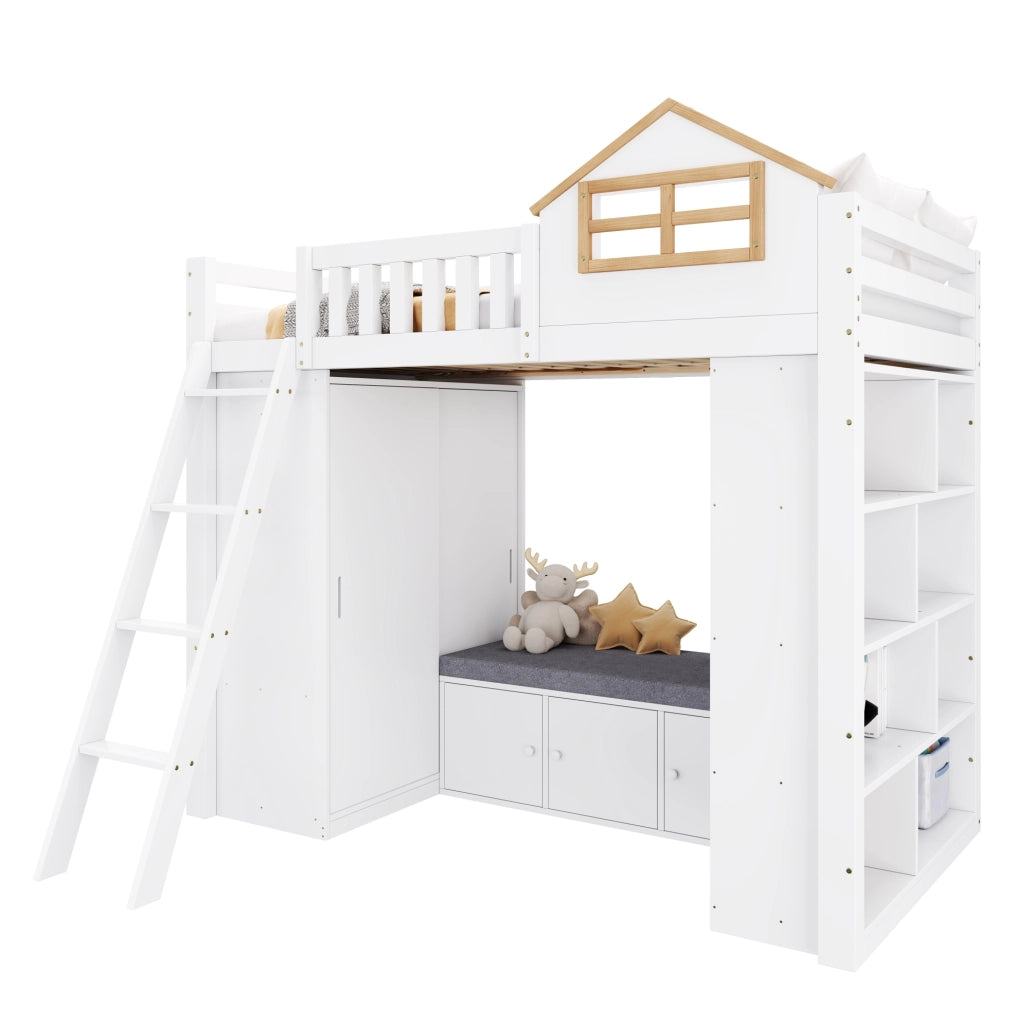 Letto a soppalco 90x200 con armadio e panca bianco/naturale