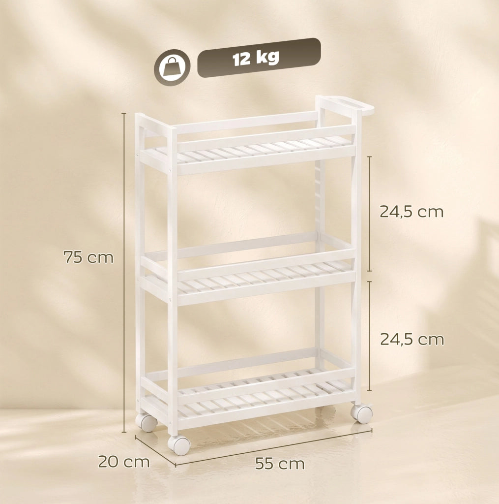 Carrello multiuso in bambù bianco a 3 ripiani con ruote, 55 x 20 x 75 cm