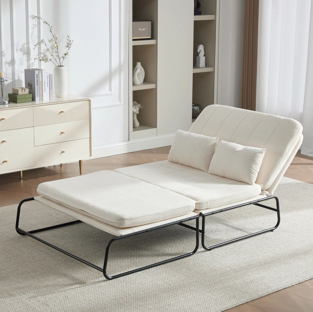 Divano letto a due posti in ciniglia beige con tasche laterali