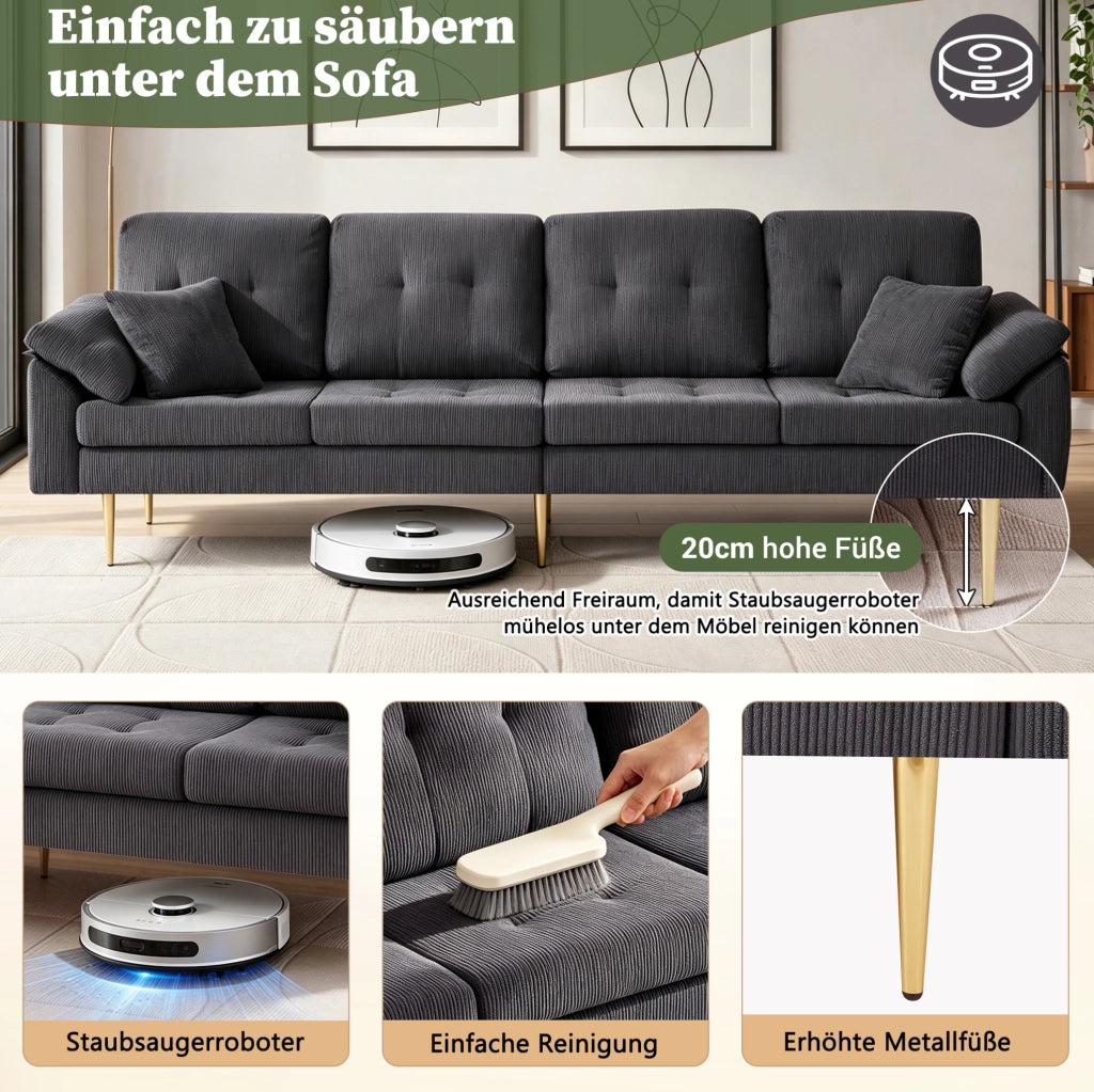 Divano 4 posti in velluto a coste grigio scuro con pouf, 250 cm