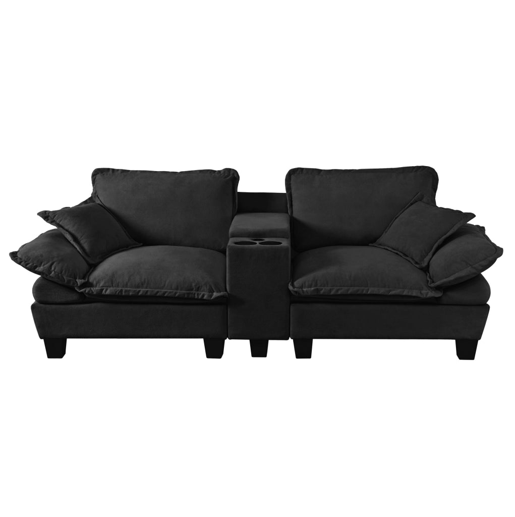 DIVANO Modulare 224x82x90 cm in Chenille Nero con USB e portabicchieri