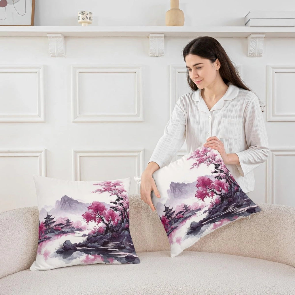 2 federe per cuscini giapponesi, 60x60 cm, motivo fiori di ciliegio