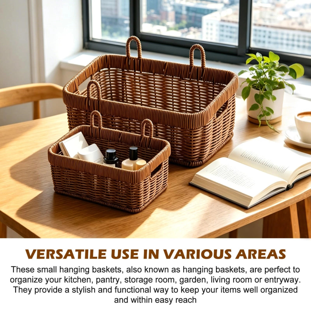 Set di 2 cesti appesi intrecciati in rattan, color marrone scuro