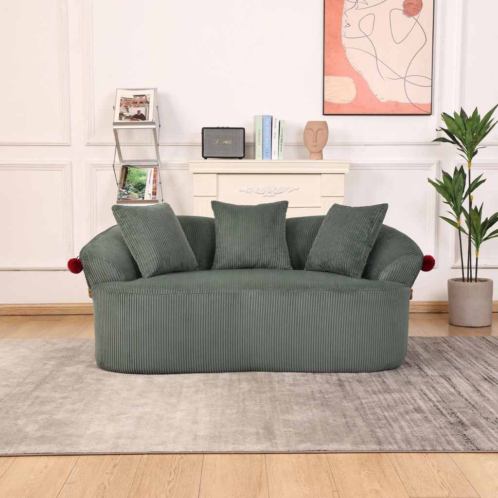Divano 2 posti dalla forma curva con pompon in ciniglia e schiuma verde