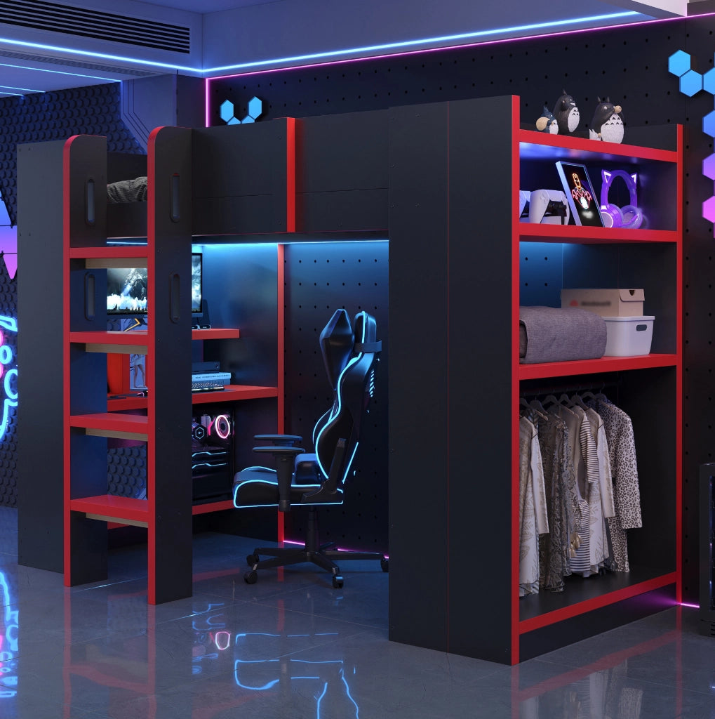 Letto a soppalco 90x200 cm con scrivania, LED e prese in pino, compensato e MDF nero e rosso