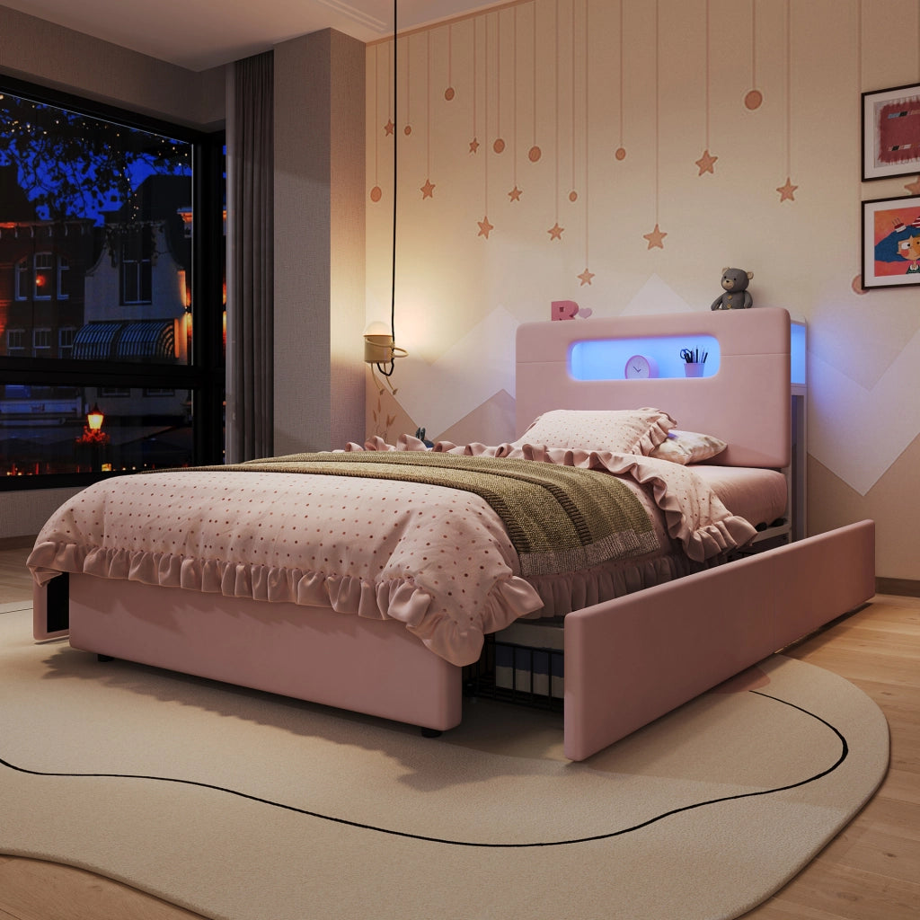 Letto singolo imbottito rosa 90 x 200 cm con 4 cassetti e LED