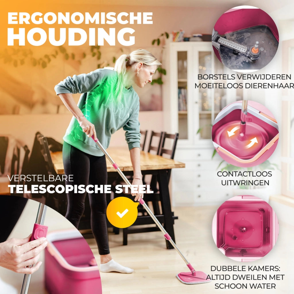 Mocio con secchio, 2 scomparti, in microfibra, con manico telescopico fino a 160 cm, colore rosa