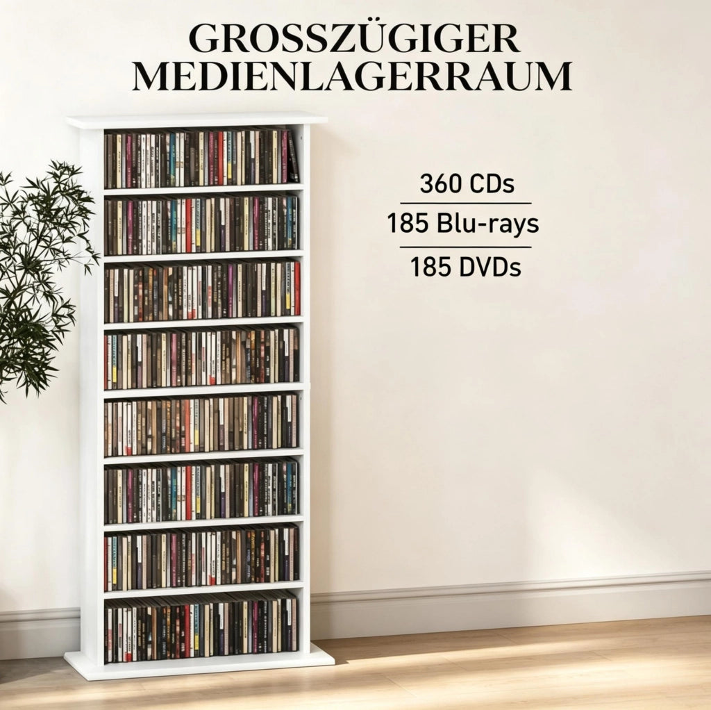 Scaffale bianco per CD e DVD con 6 ripiani regolabili