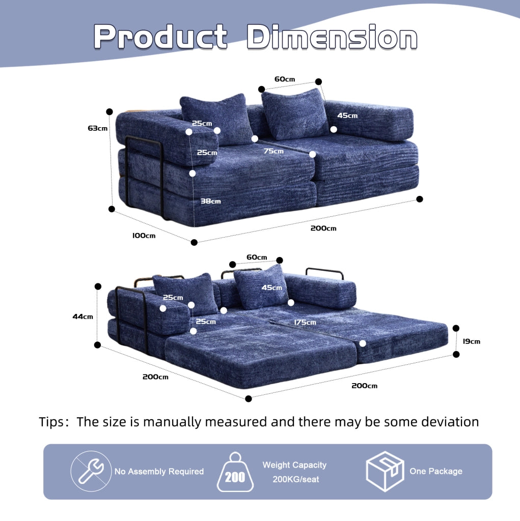 Divano letto da terra modulare in ciniglia blu scuro