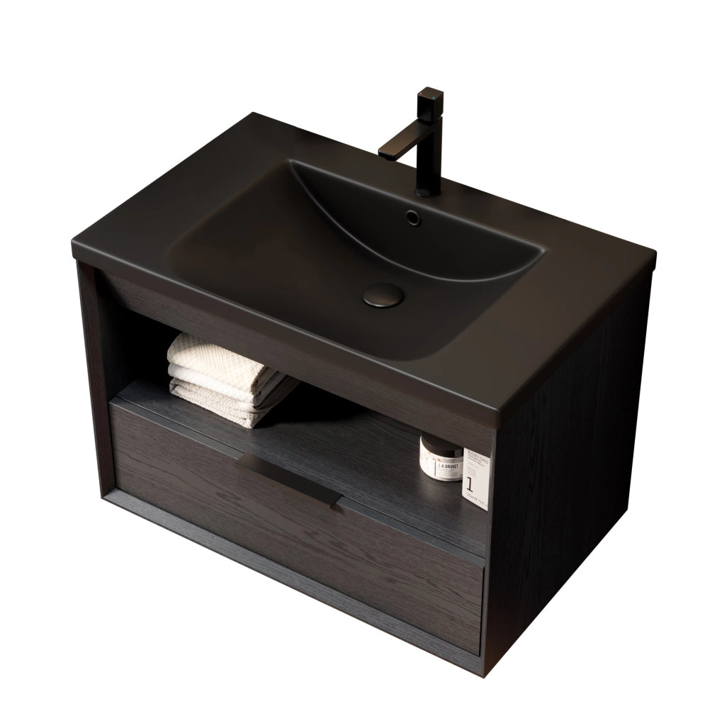 Mobile bagno con lavabo in ceramica nera, cassetto e ripiano