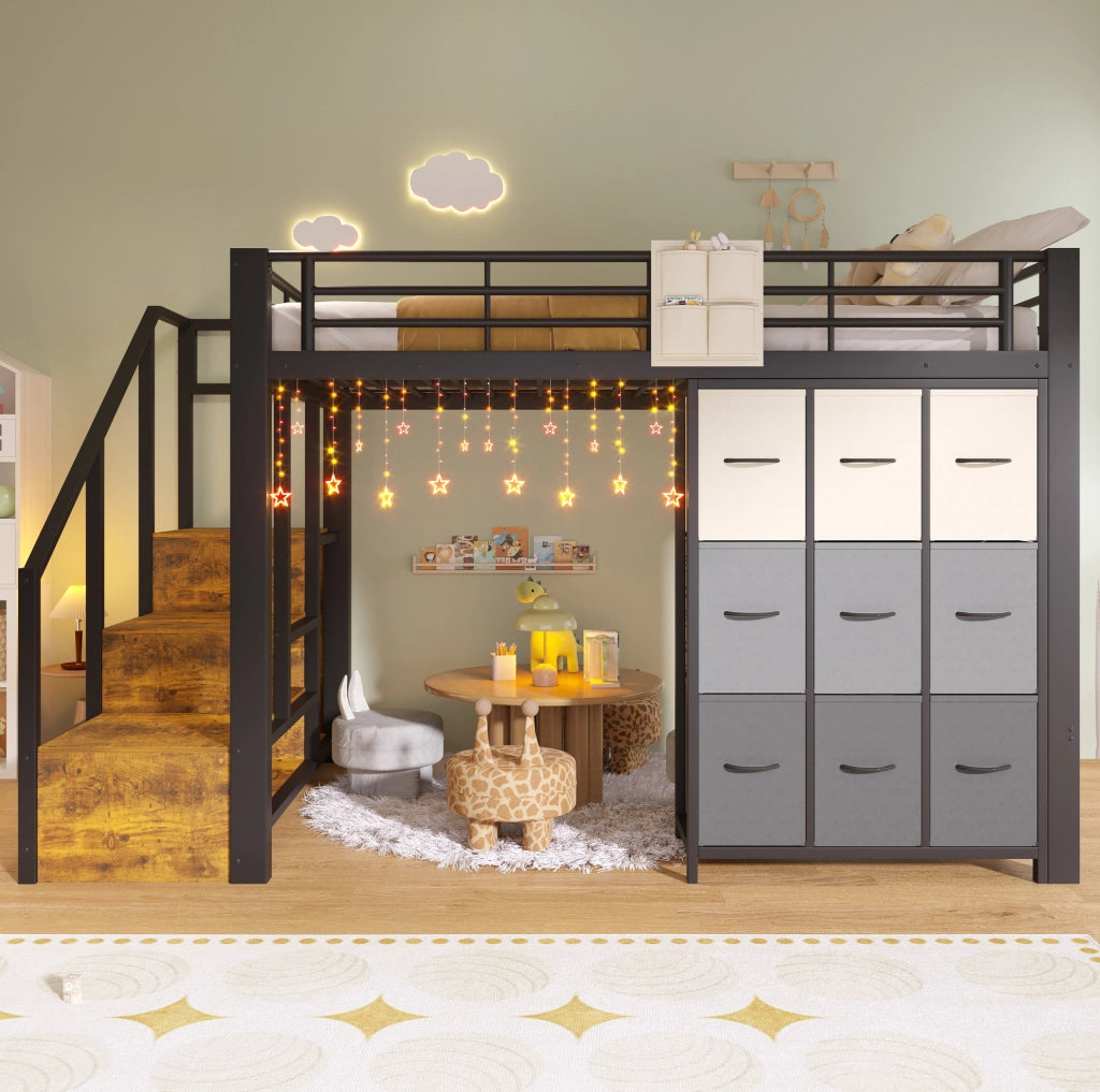 Letto a soppalco 140x200 cm in metallo e MDF con contenitori