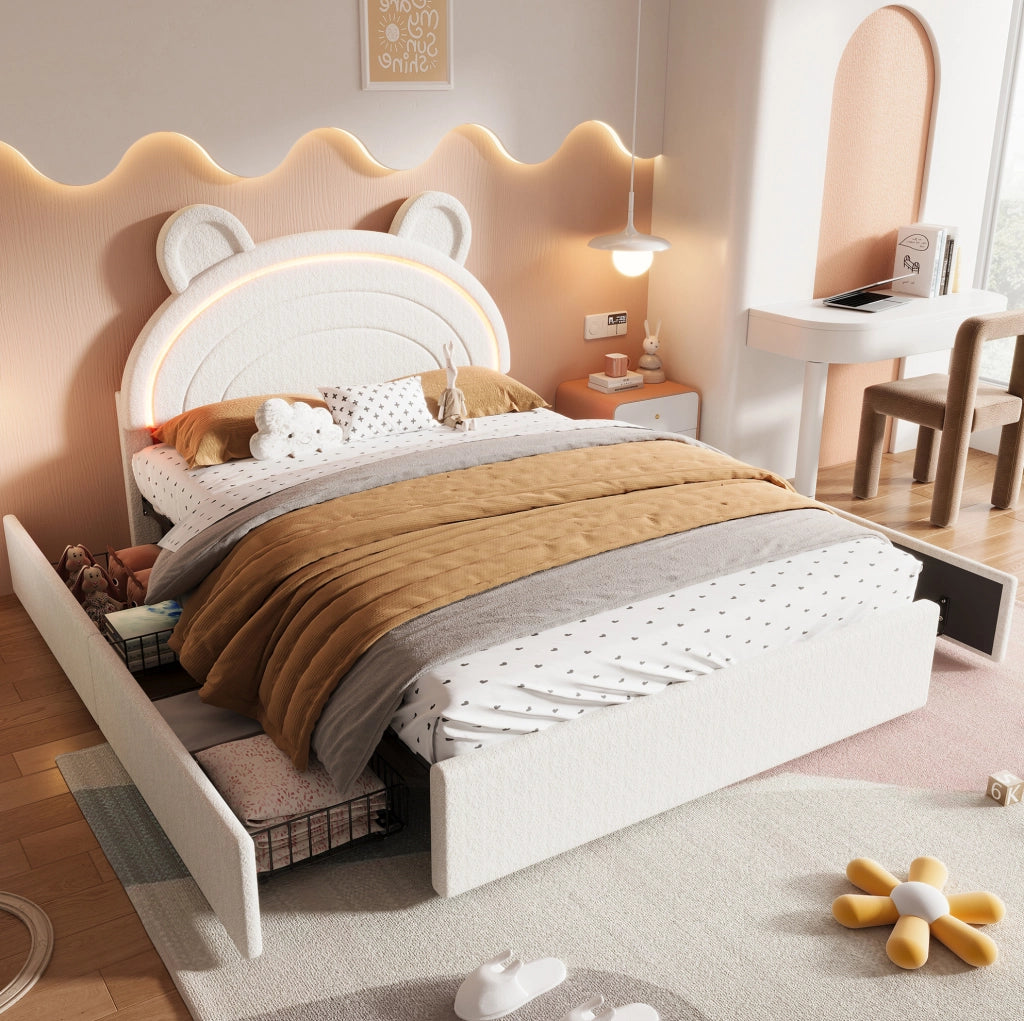 Letto imbottito per bambini 140 x 200 cm beige con 4 cassetti e LED