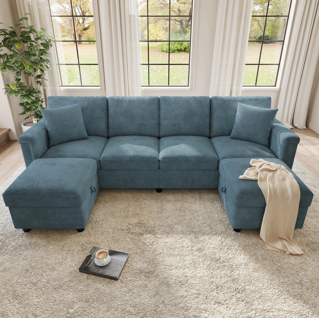 Divano modulare blu in ciniglia con due pouf contenitori