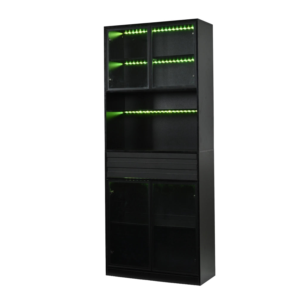 Vetrina IVMEU 80x35x200 cm in MDF nero con 4 ante in vetro, cassetto e illuminazione LED RGB per soggiorno
