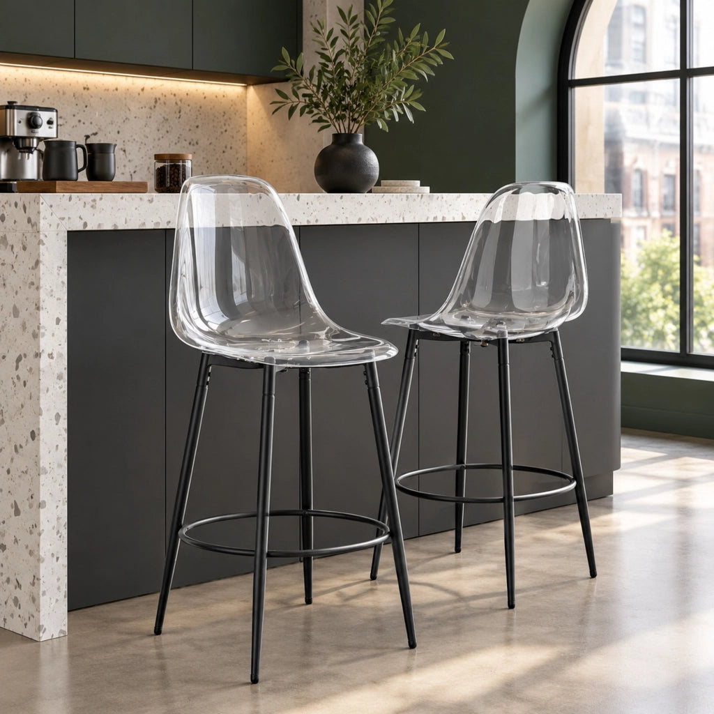 Set di 2 sgabelli da bar con schienale trasparente in metallo e plastica nero e trasparente