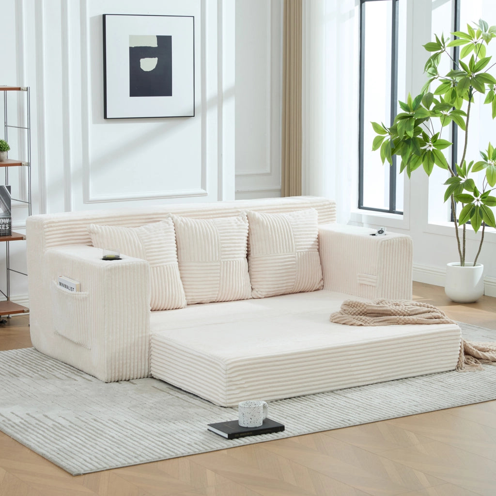 Divano modulare beige in velluto a coste con portabicchieri