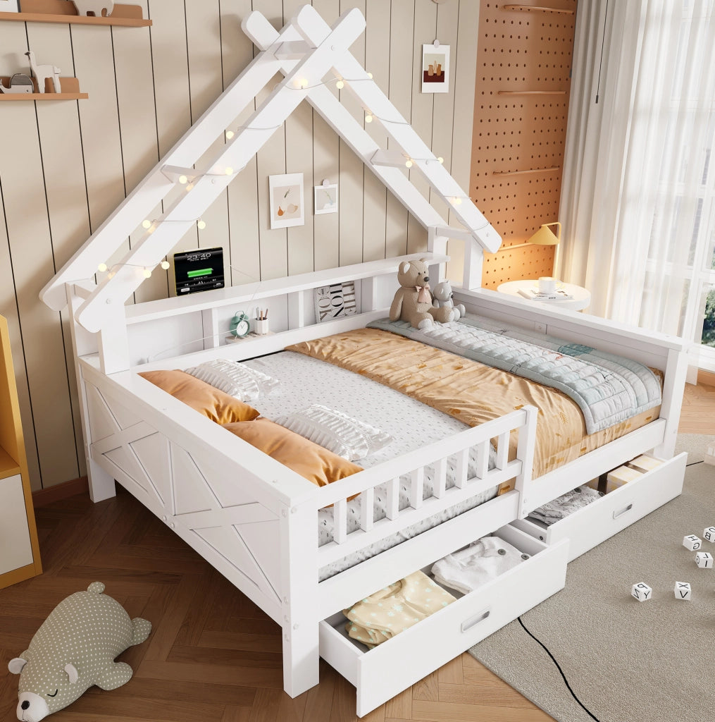 LETTO a casetta 140x200 cm bianco con LED, ripiani, 2 cassetti e sponda
