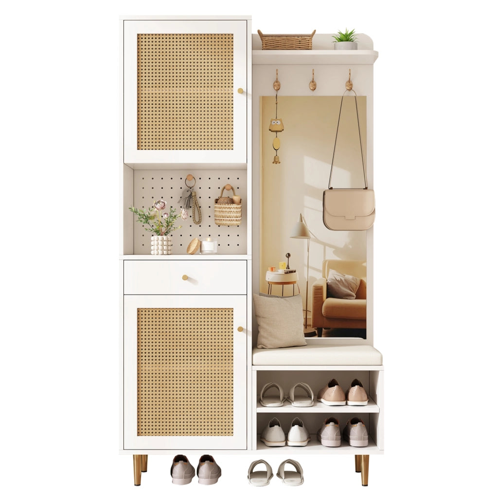 Mobile ingresso con panca, specchio e scarpiera, 99x35x180 cm