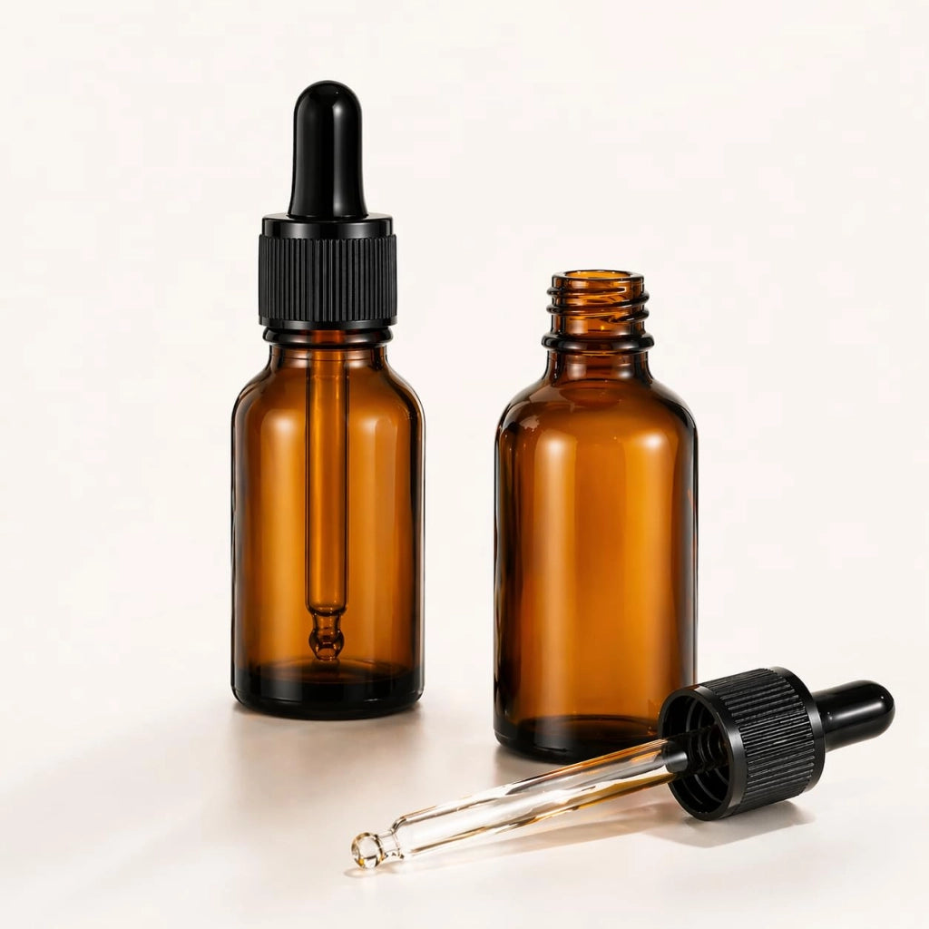 Set da 2 flaconi contagocce da 50 ml, in vetro ambrato, ideali per oli e profumi