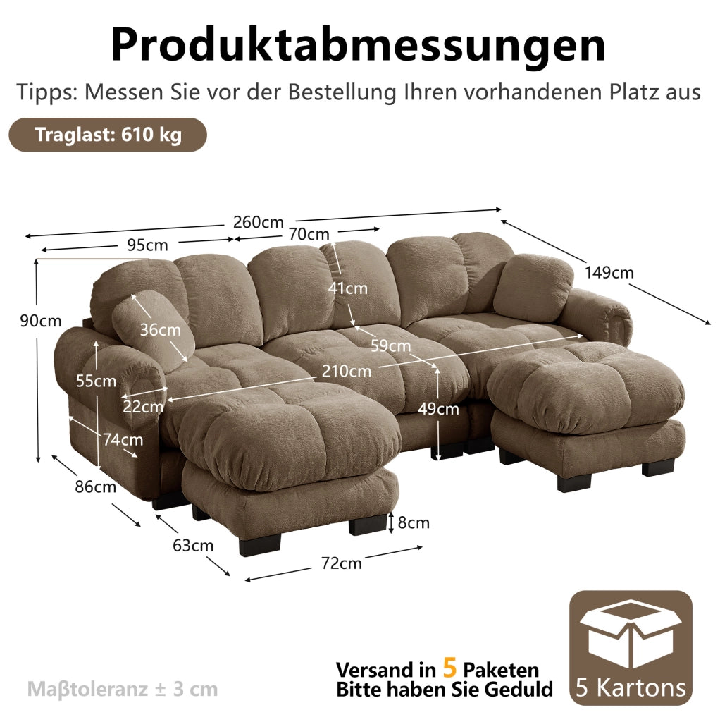 Divano modulare in ciniglia marrone 260 cm con pouf