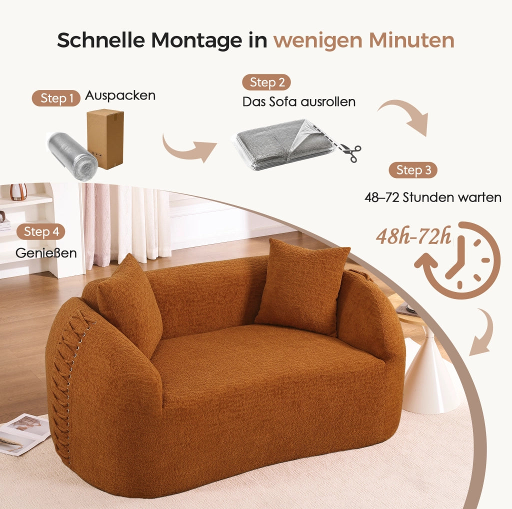 Divano 2 posti curvo 155x90 cm in ciniglia arancione, compatto