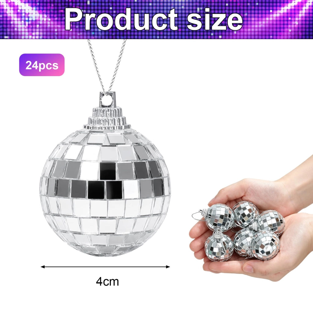 24 mini sfere disco, diametro 4 cm, color argento, da appendere, per decorazioni