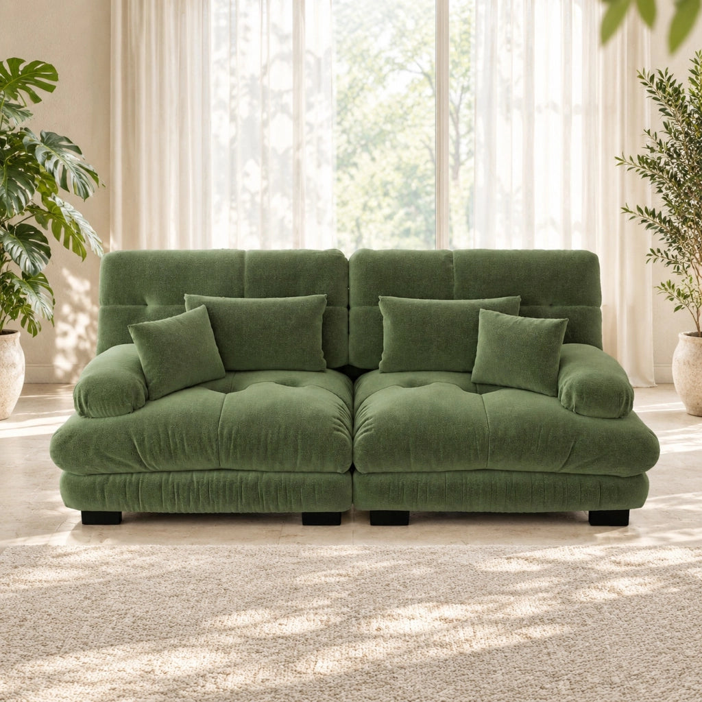 DIVANO Modulare in Chenille Verde con cuscini decorativi e lombari