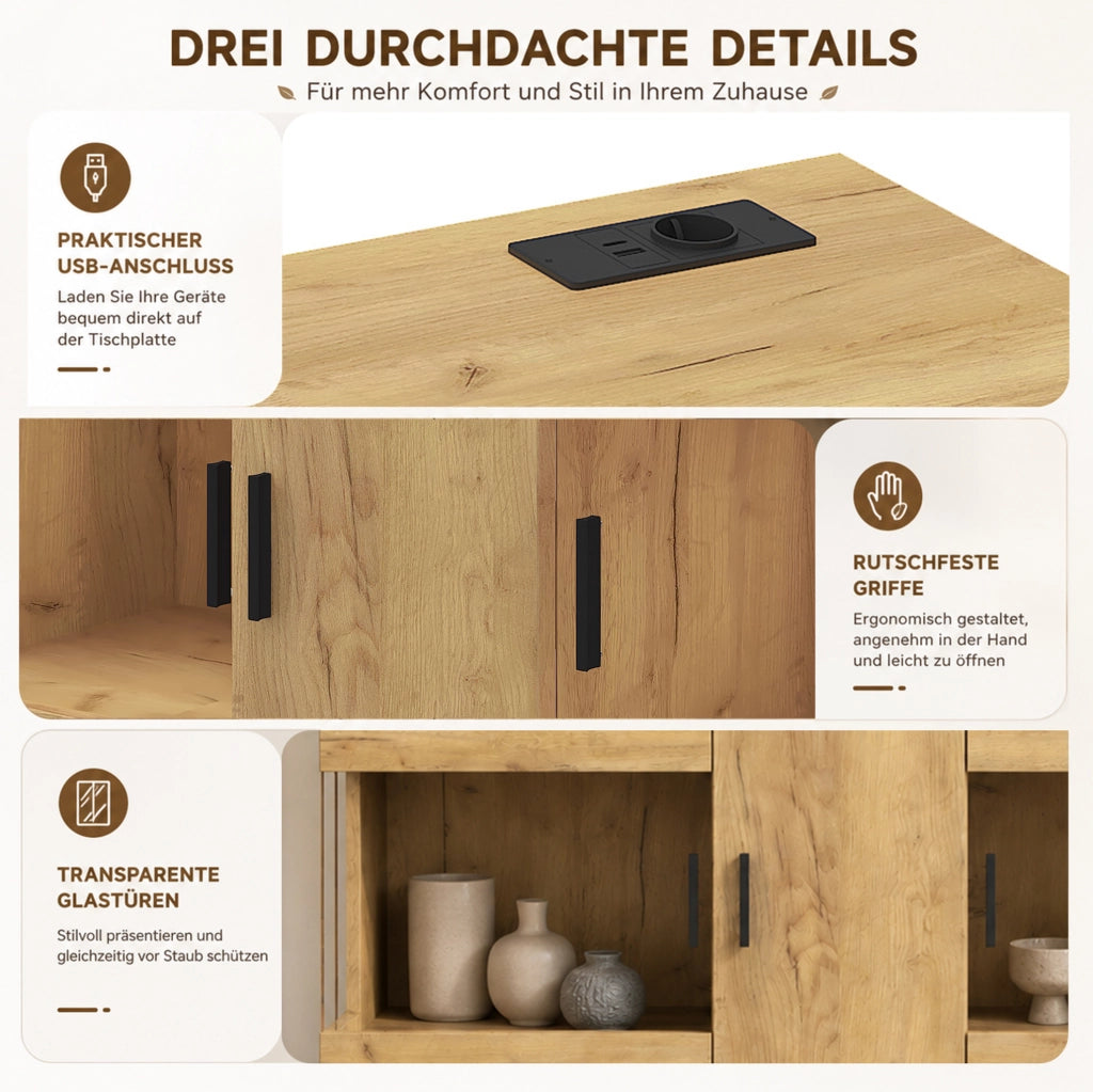 Credenza rovere chiaro con luci a 16 colori e prese di ricarica